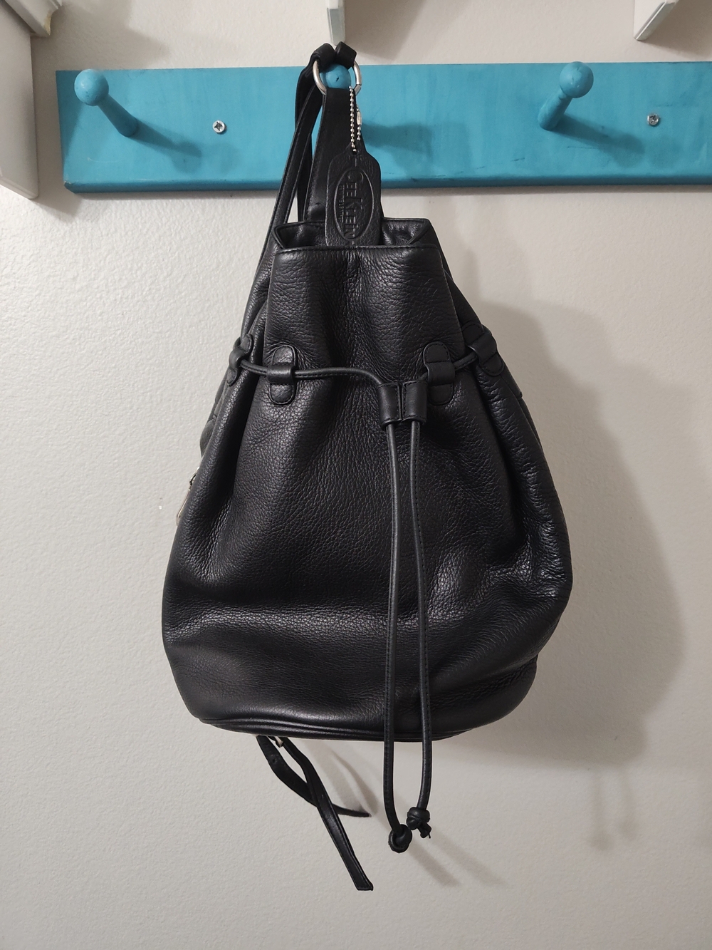 Black Leather Drawstring Backpack Bucket Purse Side Zipper Steampunk Grunge EUC